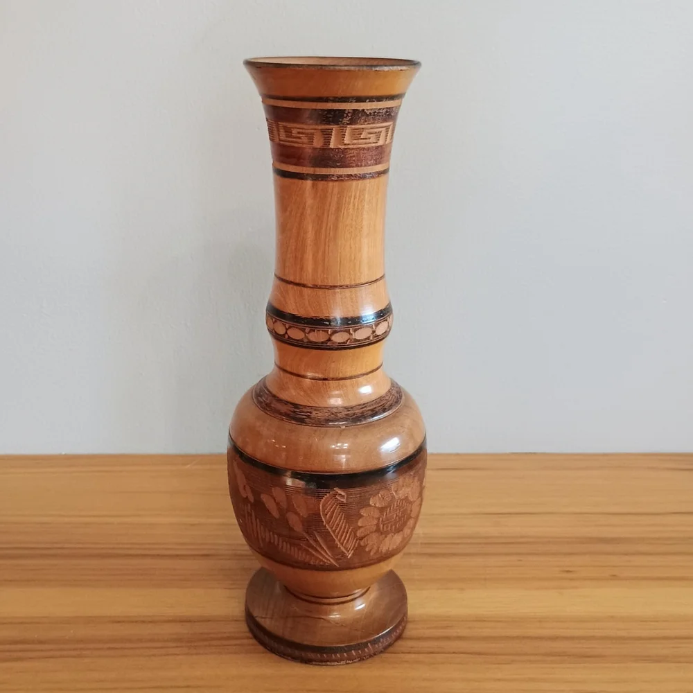 Vintage Hand Carved Cozumel Wood Vase Floral Design Mexican Folk Art 10